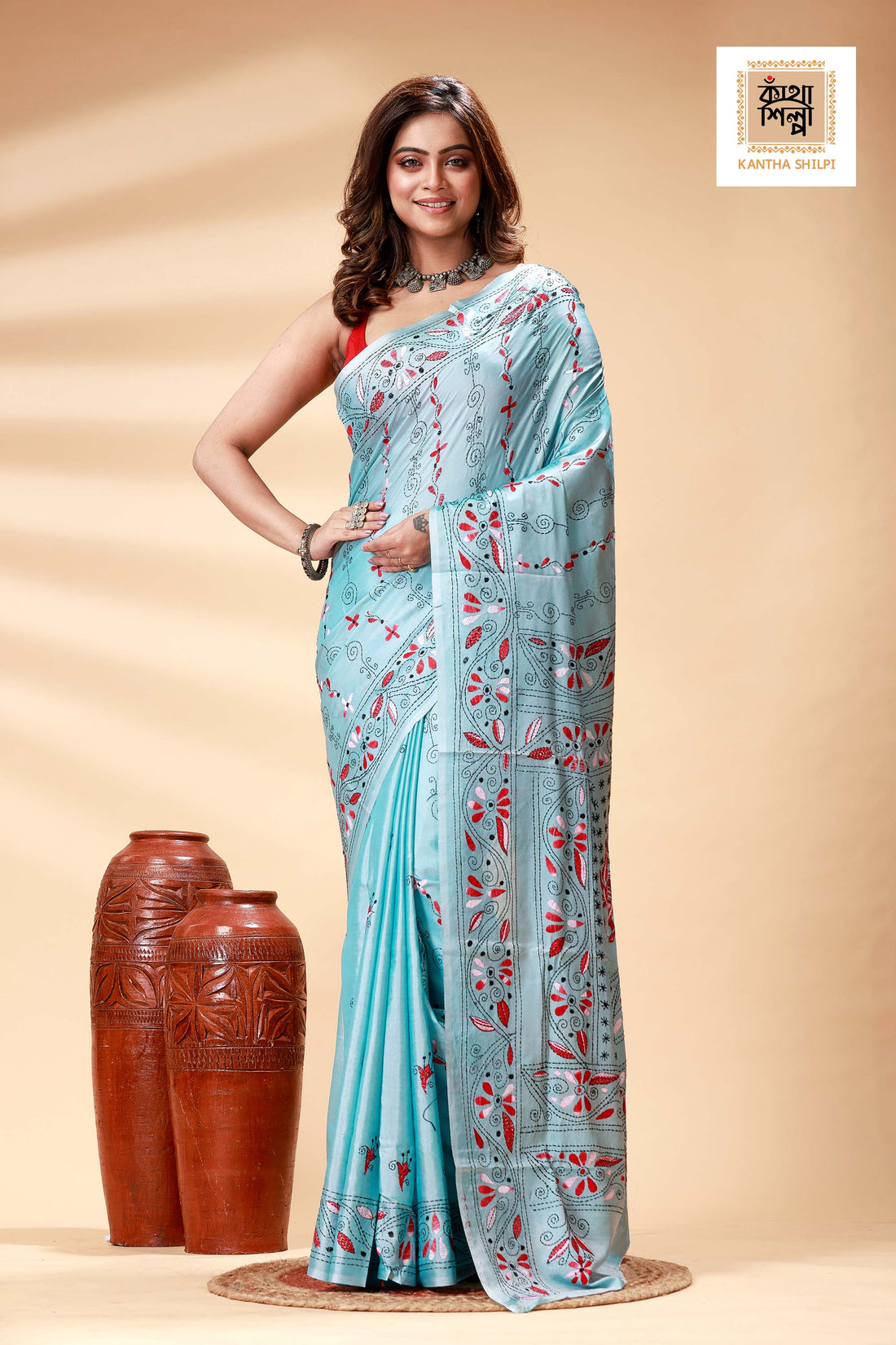 Sky Blue Color Bangalore Silk Multicolor Thread Work Kantha Stitch Saree