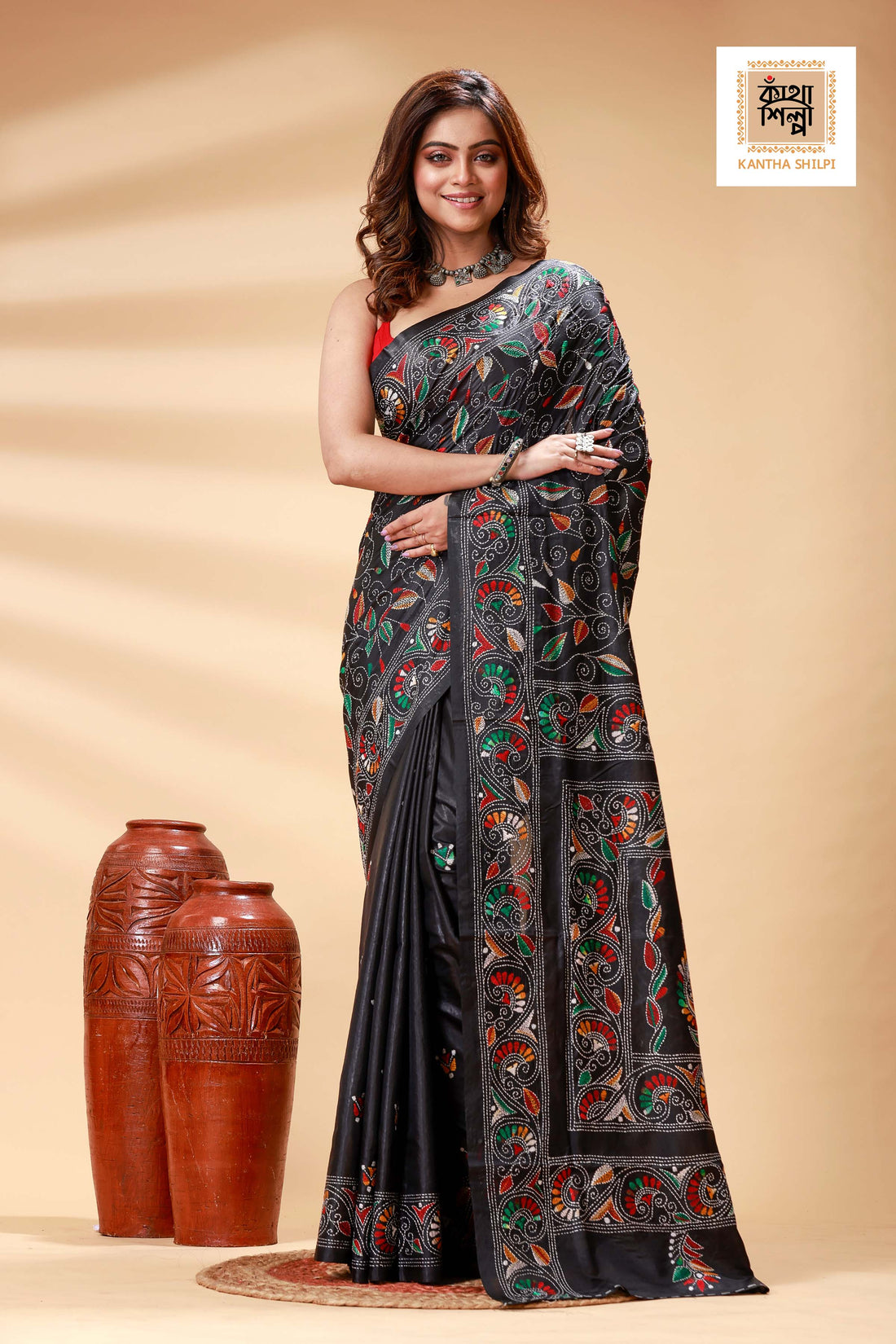 Black Color Bangalore Silk Multicolor Thread Work Kantha Stitch Saree