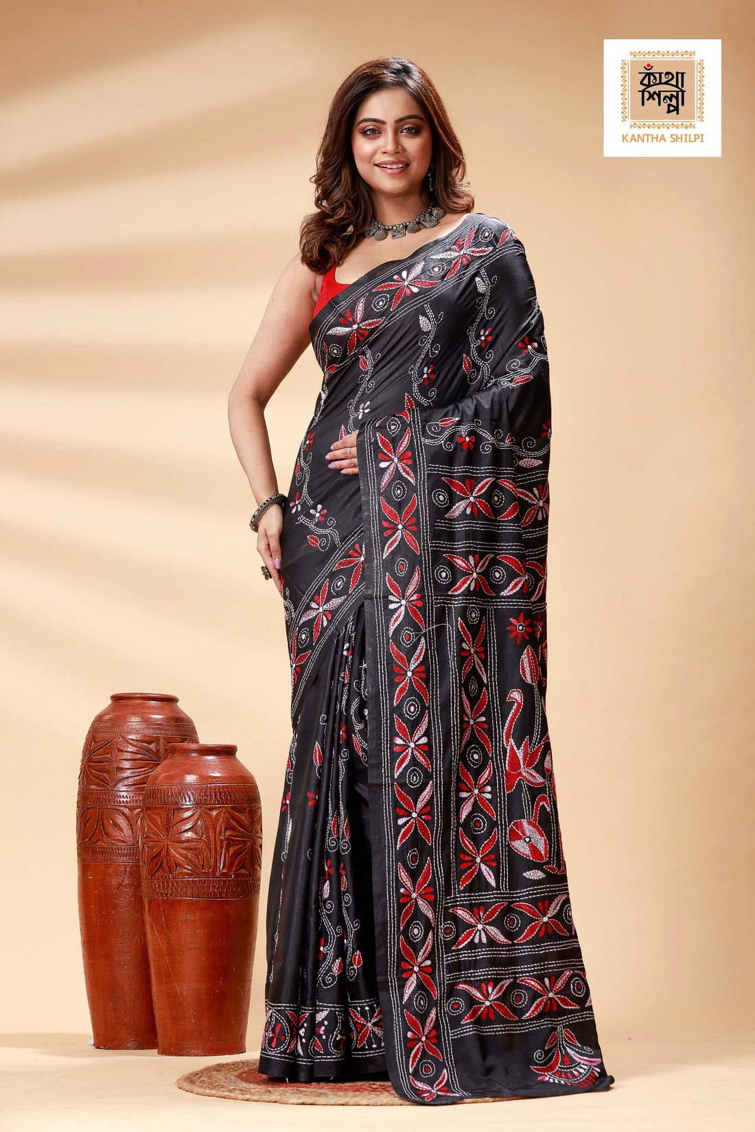 Black Color Bangalore Silk Multicolor Thread Work Kantha Stitch Saree
