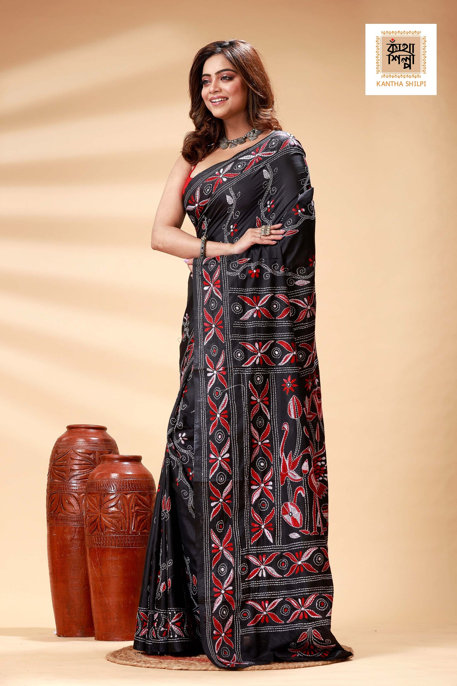 Black Color Bangalore Silk Multicolor Thread Work Kantha Stitch Saree
