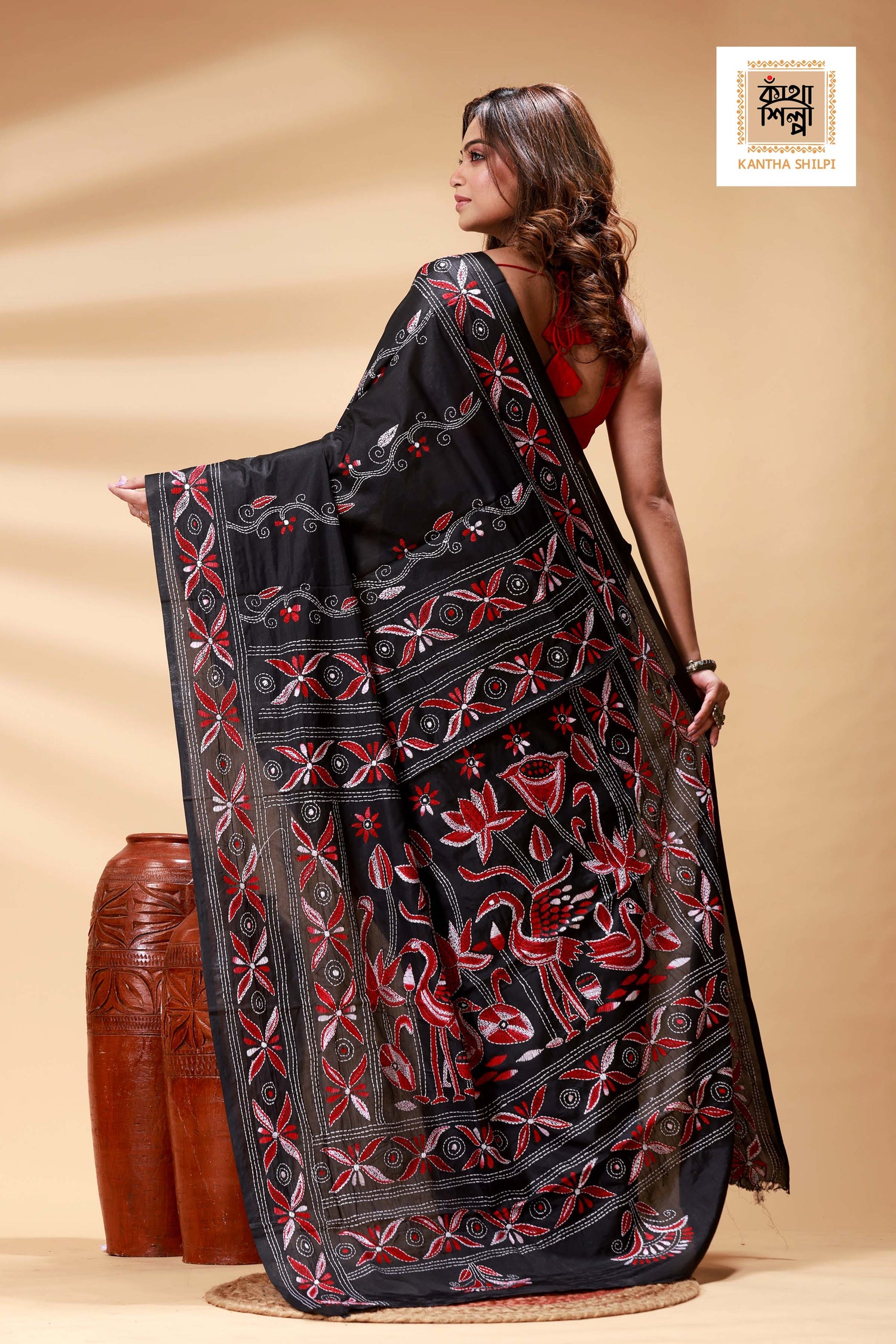 Black Color Bangalore Silk Multicolor Thread Work Kantha Stitch Saree