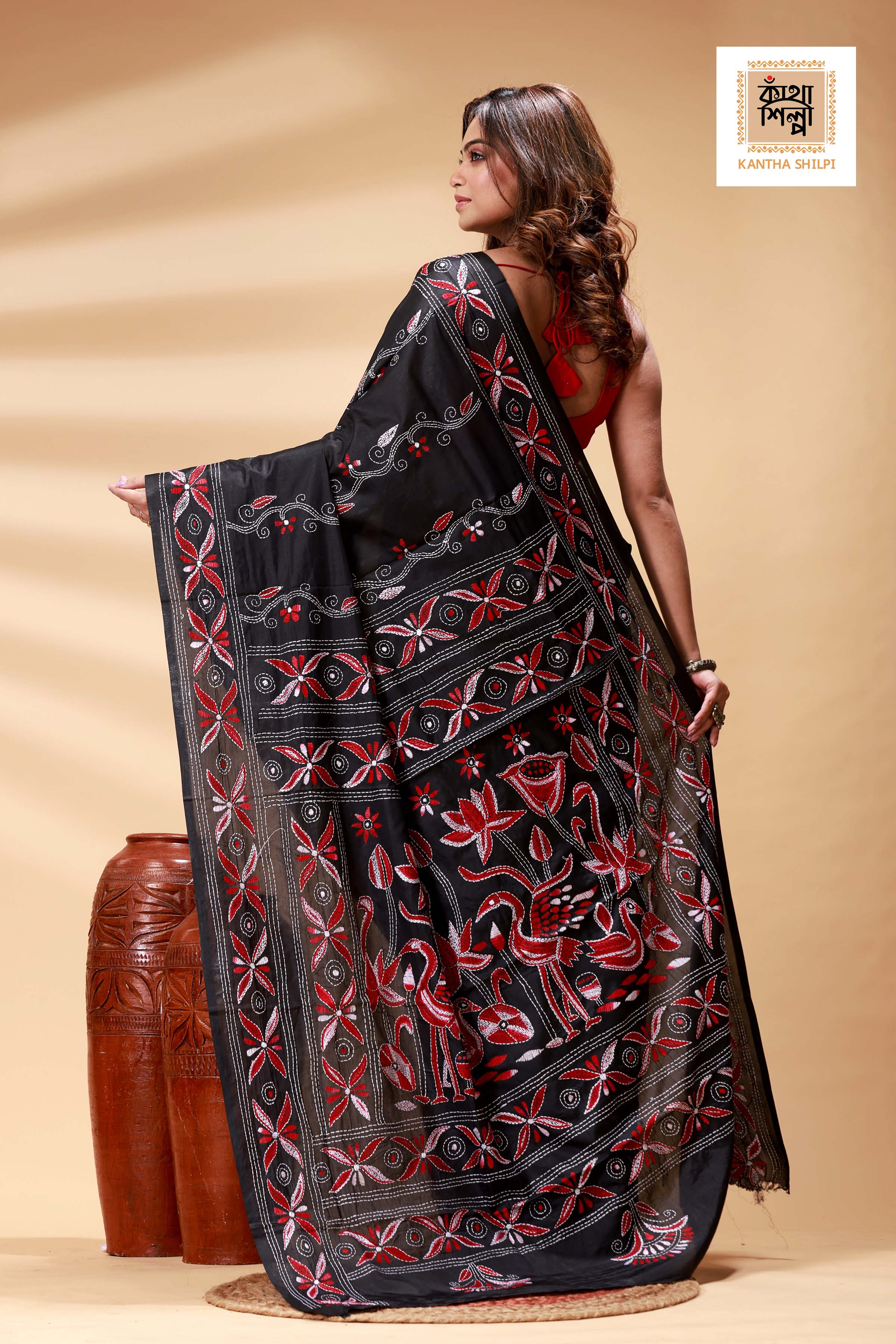 Black Color Bangalore Silk Multicolor Thread Work Kantha Stitch Saree