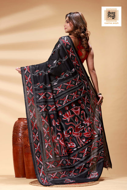 Black Color Bangalore Silk Multicolor Thread Work Kantha Stitch Saree