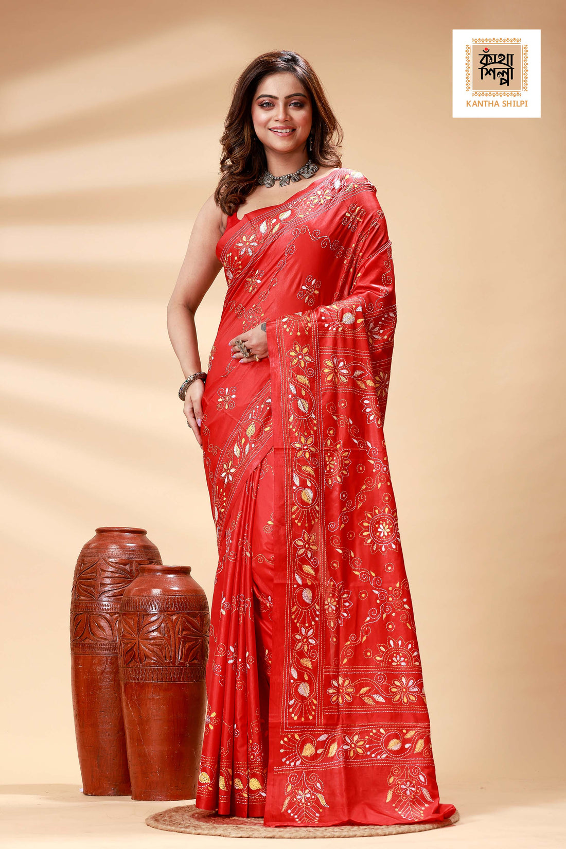 Red Color Bangalore Silk Multicolor Thread Work Kantha Stitch Saree