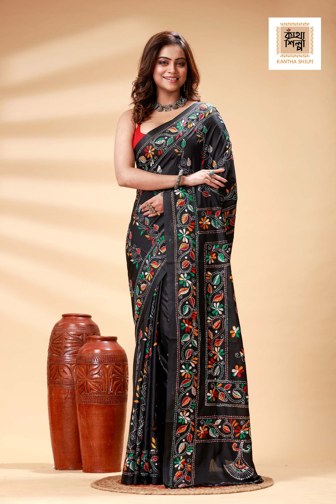 Black Color Bangalore Silk Multicolor Thread Work Kantha Stitch Saree