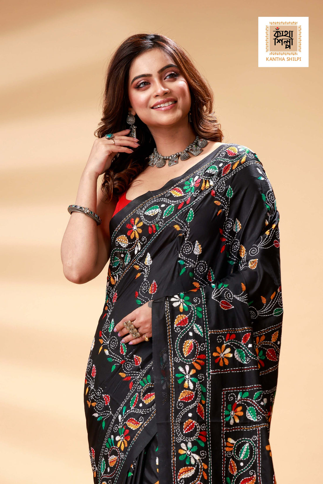 Black Color Bangalore Silk Multicolor Thread Work Kantha Stitch Saree