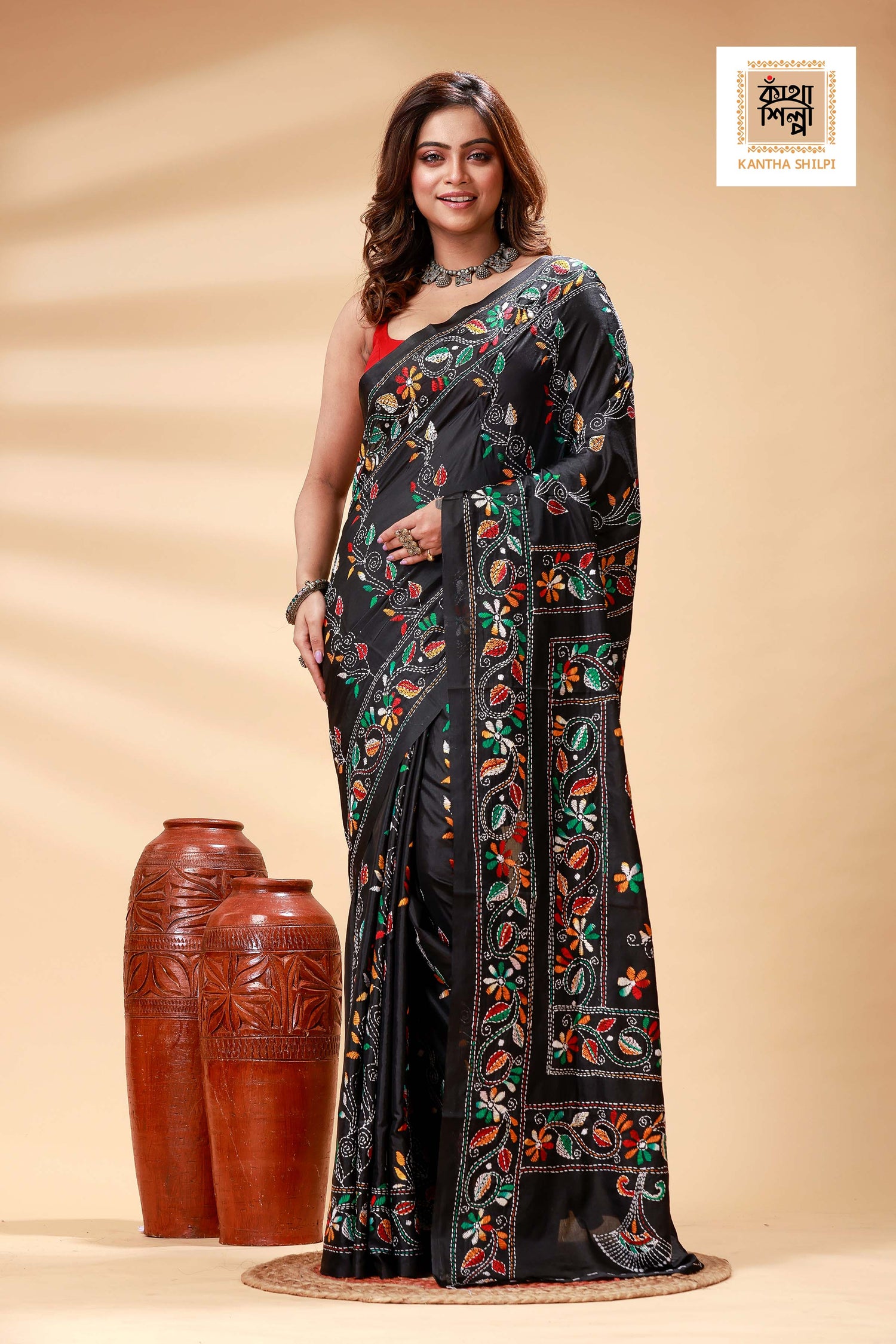 Black Color Bangalore Silk Multicolor Thread Work Kantha Stitch Saree