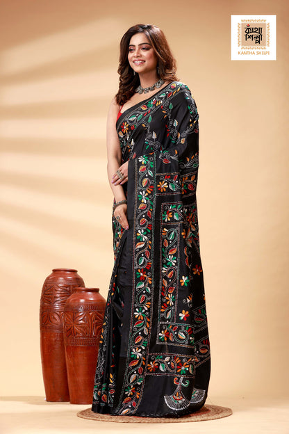 Black Color Bangalore Silk Multicolor Thread Work Kantha Stitch Saree