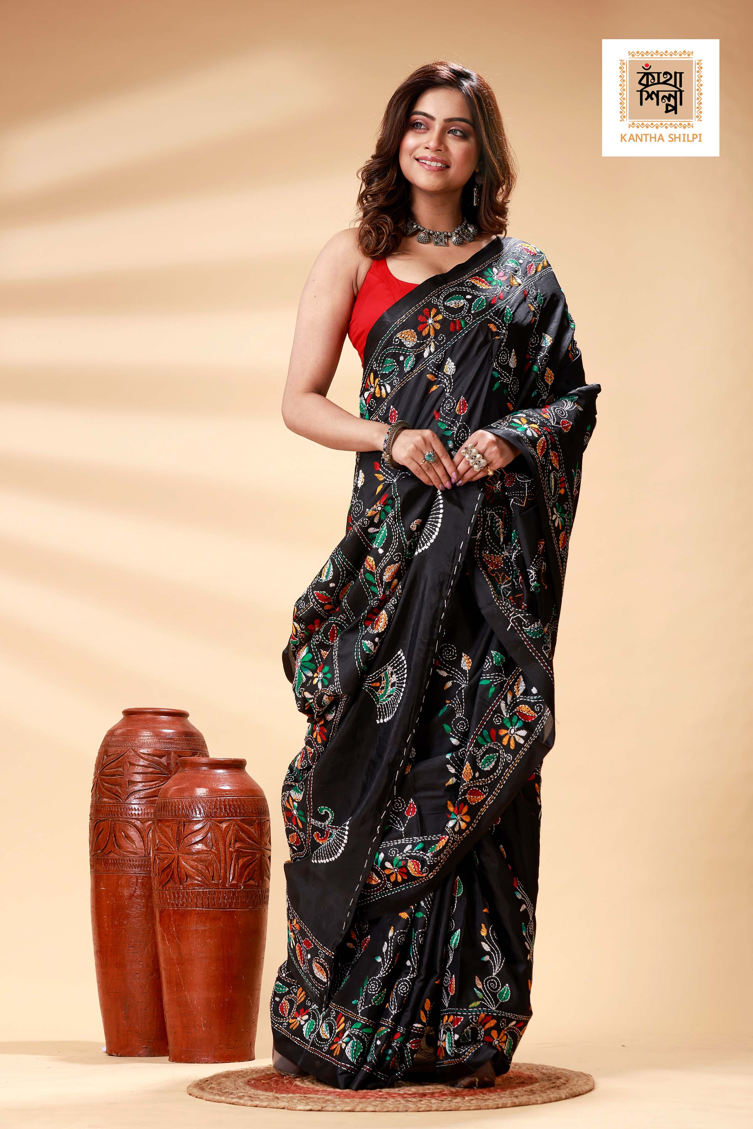 Black Color Bangalore Silk Multicolor Thread Work Kantha Stitch Saree