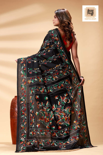 Black Color Bangalore Silk Multicolor Thread Work Kantha Stitch Saree