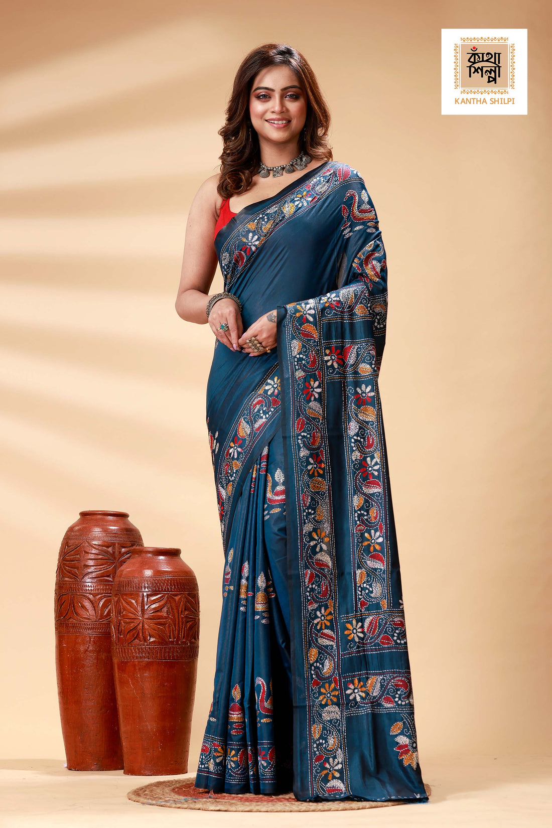 Nile Blue Color Bangalore Silk Multicolor Thread Work Kantha Stitch Saree