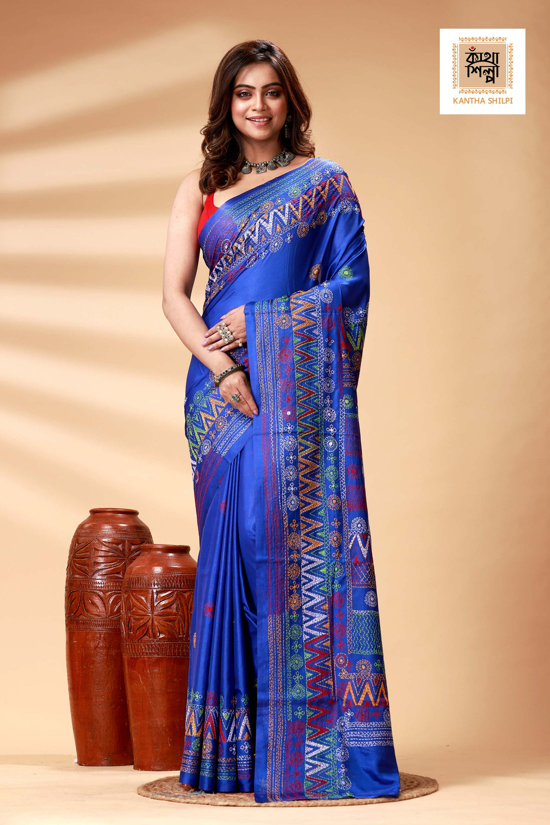 Blue Color Bangalore Silk Multicolor Thread Work Lambani Stitch Saree