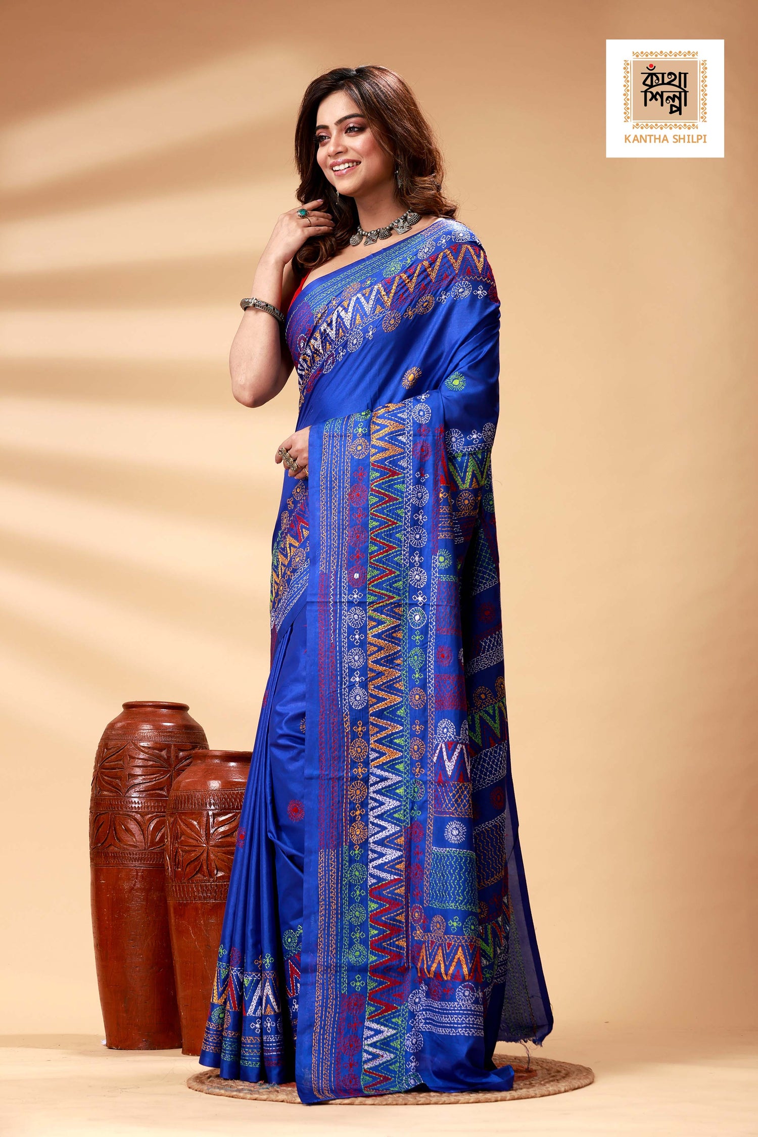 Blue Color Bangalore Silk Multicolor Thread Work Lambani Stitch Saree