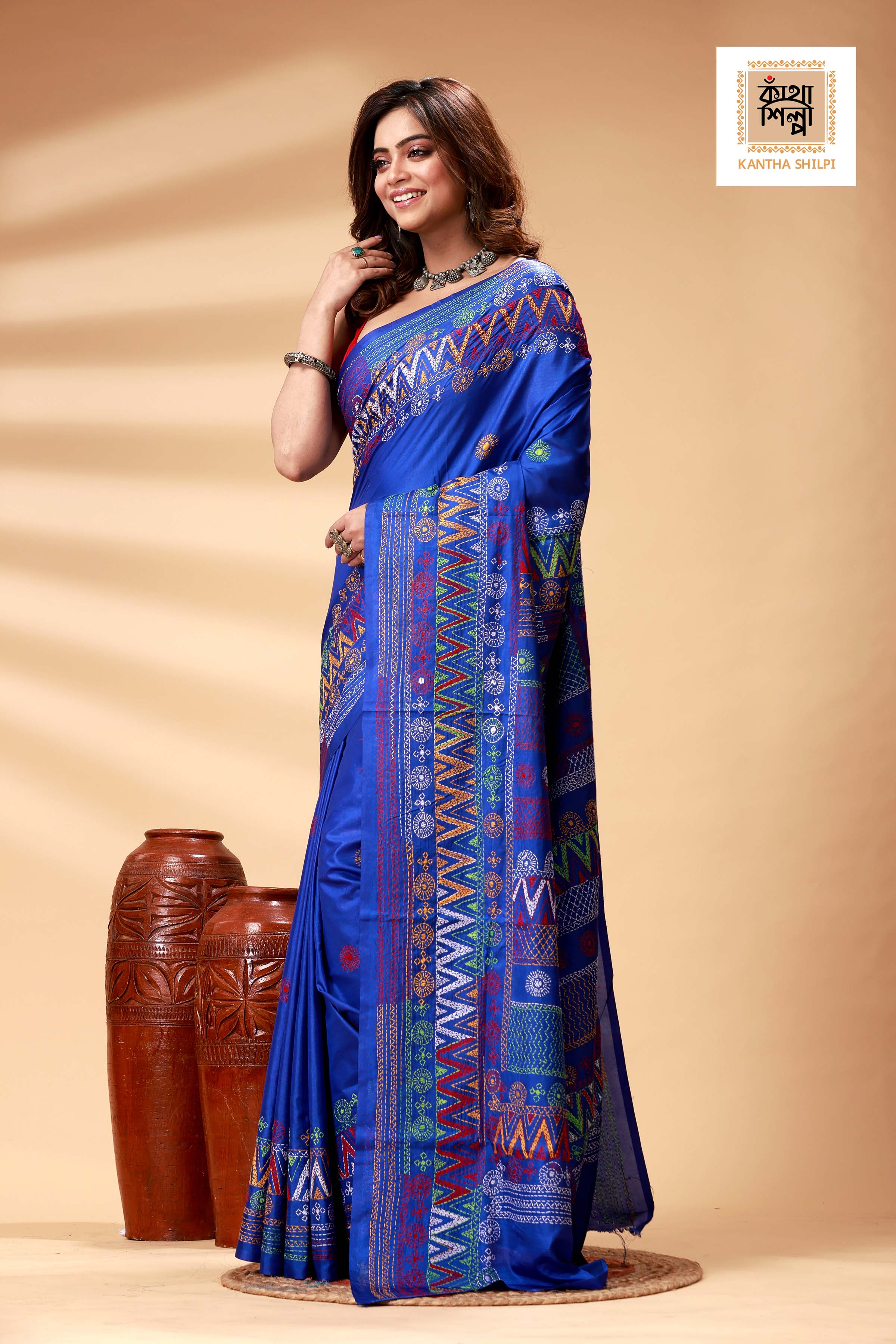 Blue Color Bangalore Silk Multicolor Thread Work Lambani Stitch Saree