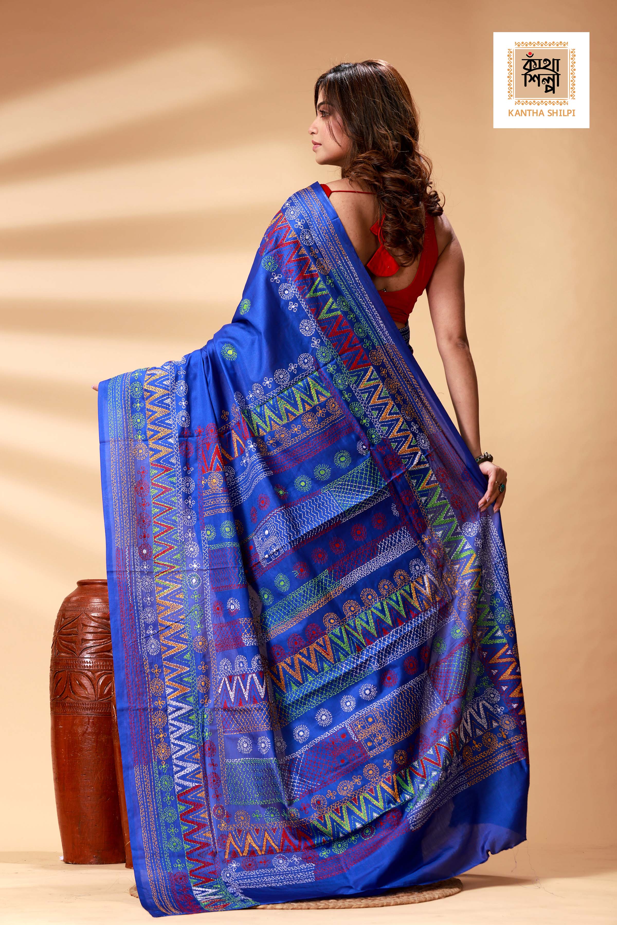 Blue Color Bangalore Silk Multicolor Thread Work Lambani Stitch Saree