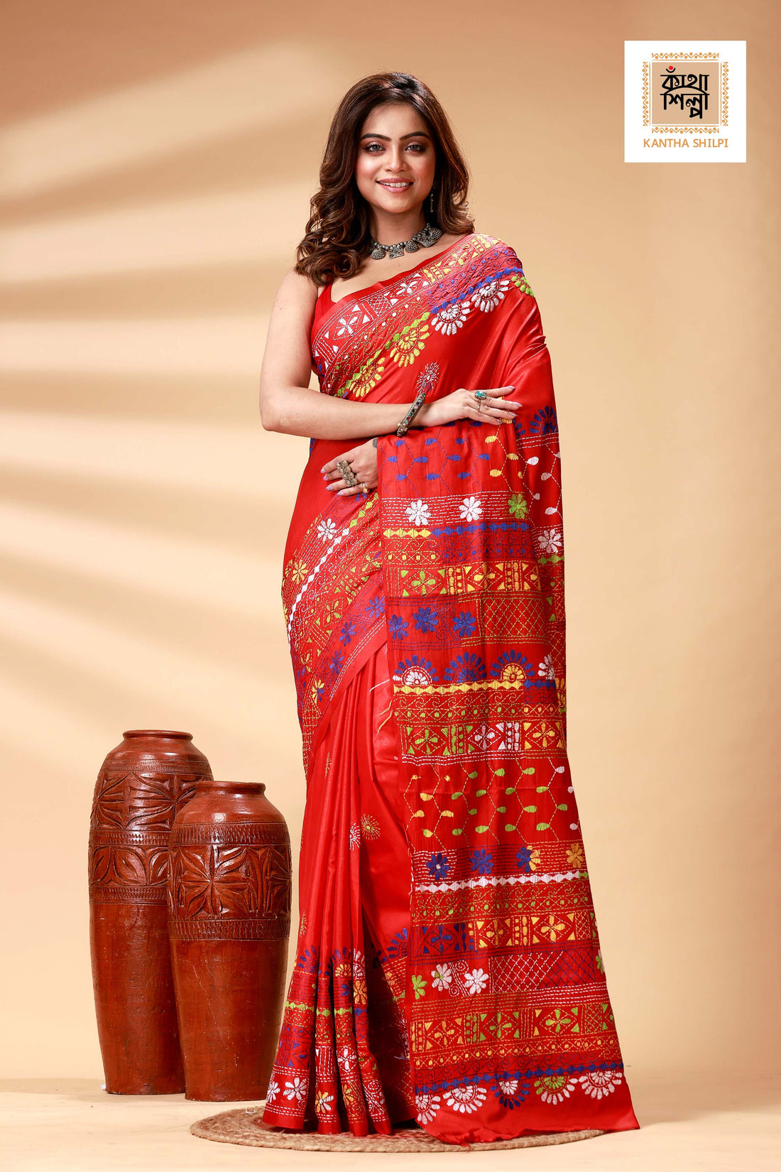 Red Color Bangalore Silk Multicolor Thread Work Lambani Stitch Saree
