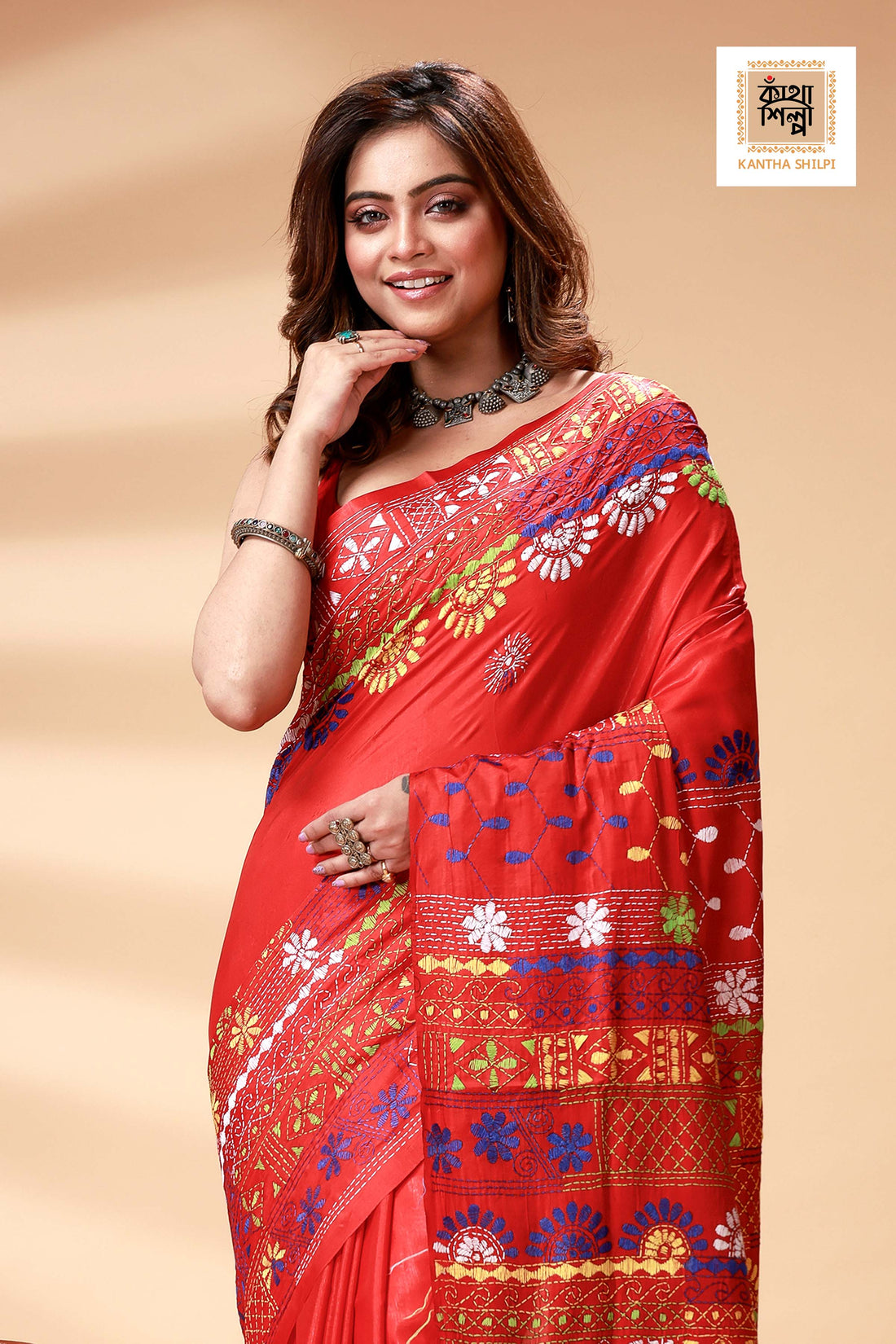 Red Color Bangalore Silk Multicolor Thread Work Lambani Stitch Saree
