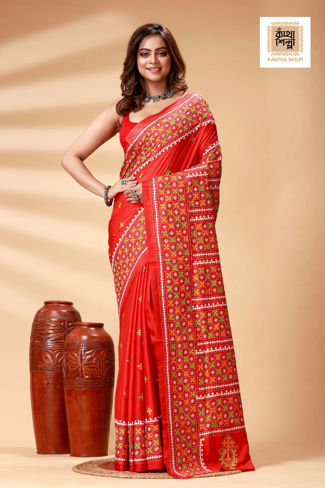 Red Bangalore Silk Tri-color Thread Work Gujrati Stitch Saree