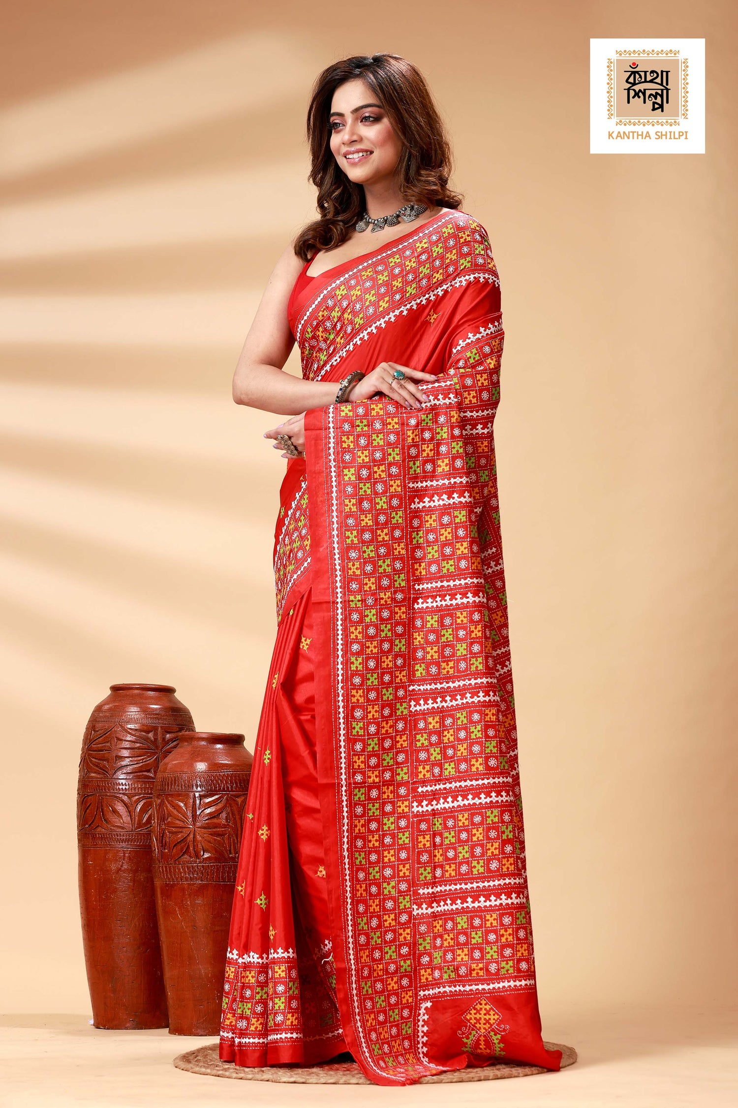 Red Bangalore Silk Tri-color Thread Work Gujrati Stitch Saree
