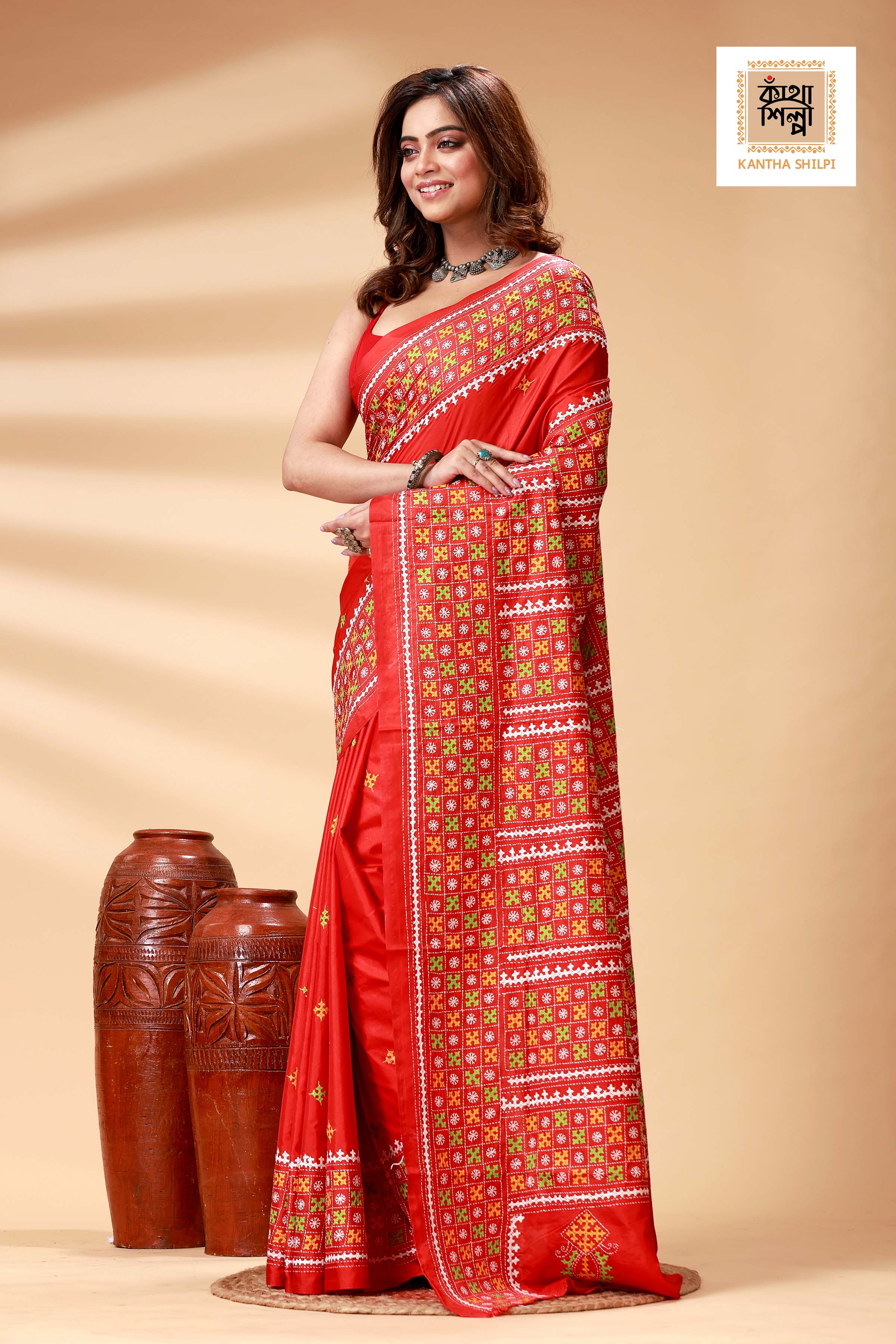 Red Bangalore Silk Tri-color Thread Work Gujrati Stitch Saree