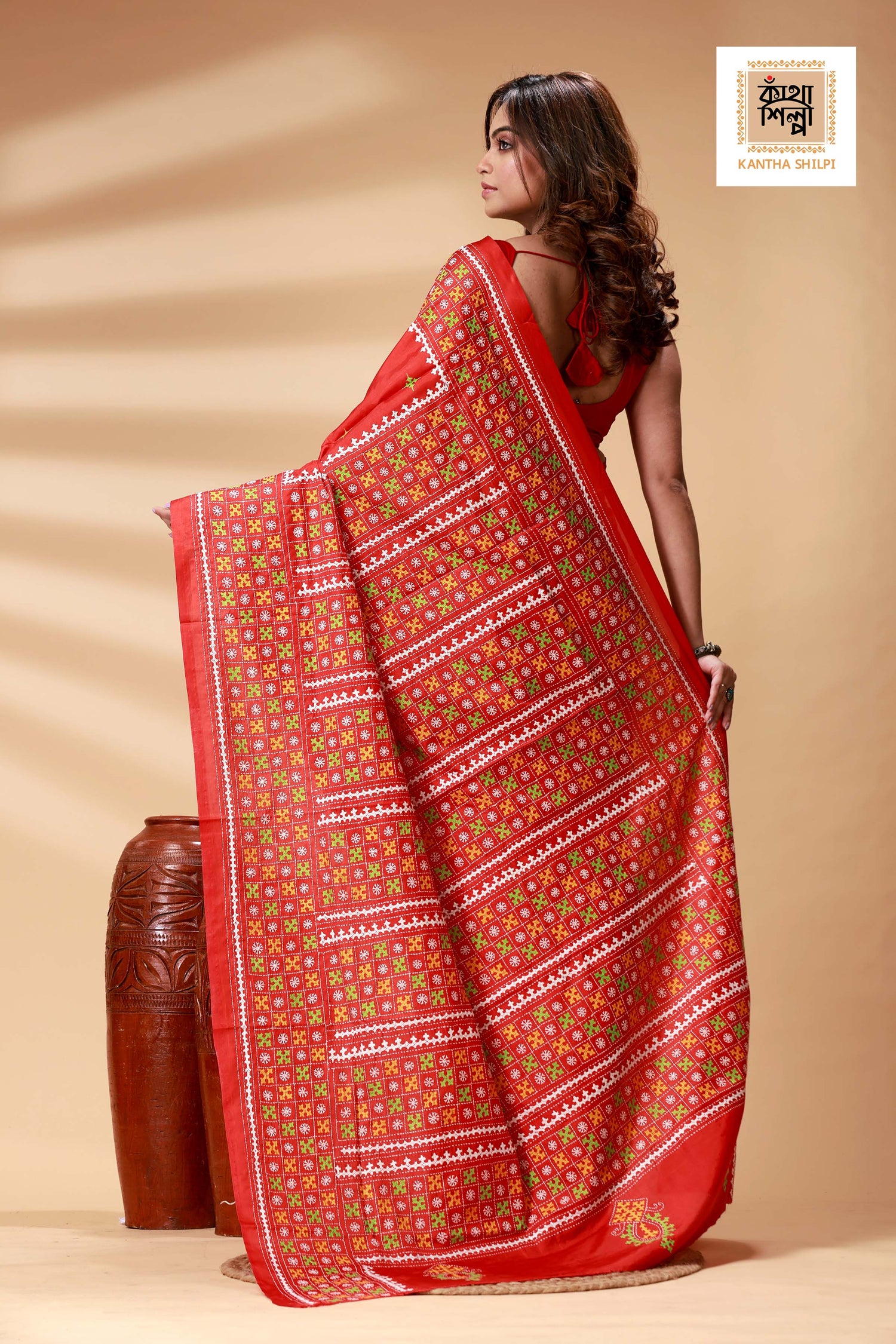Red Bangalore Silk Tri-color Thread Work Gujrati Stitch Saree