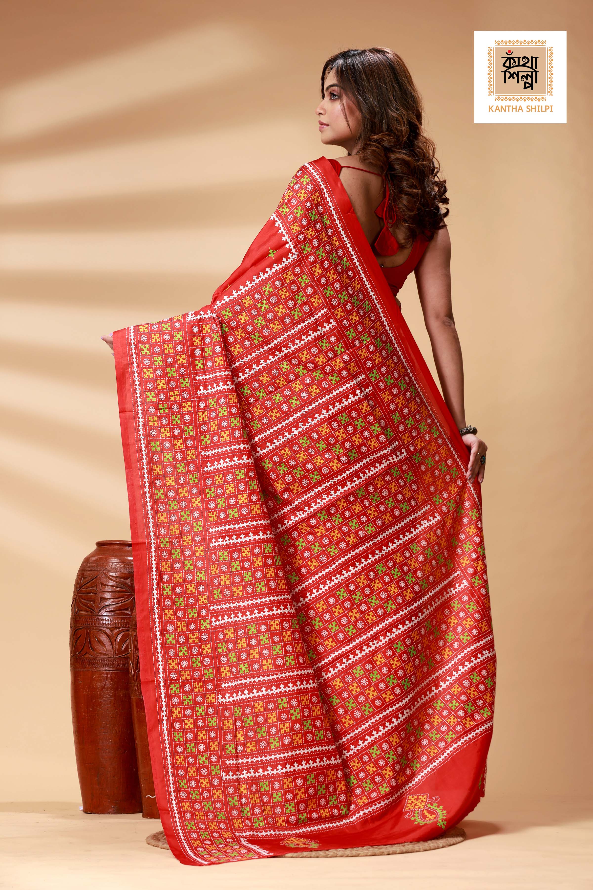 Red Bangalore Silk Tri-color Thread Work Gujrati Stitch Saree