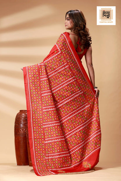 Red Bangalore Silk Tri-color Thread Work Gujrati Stitch Saree