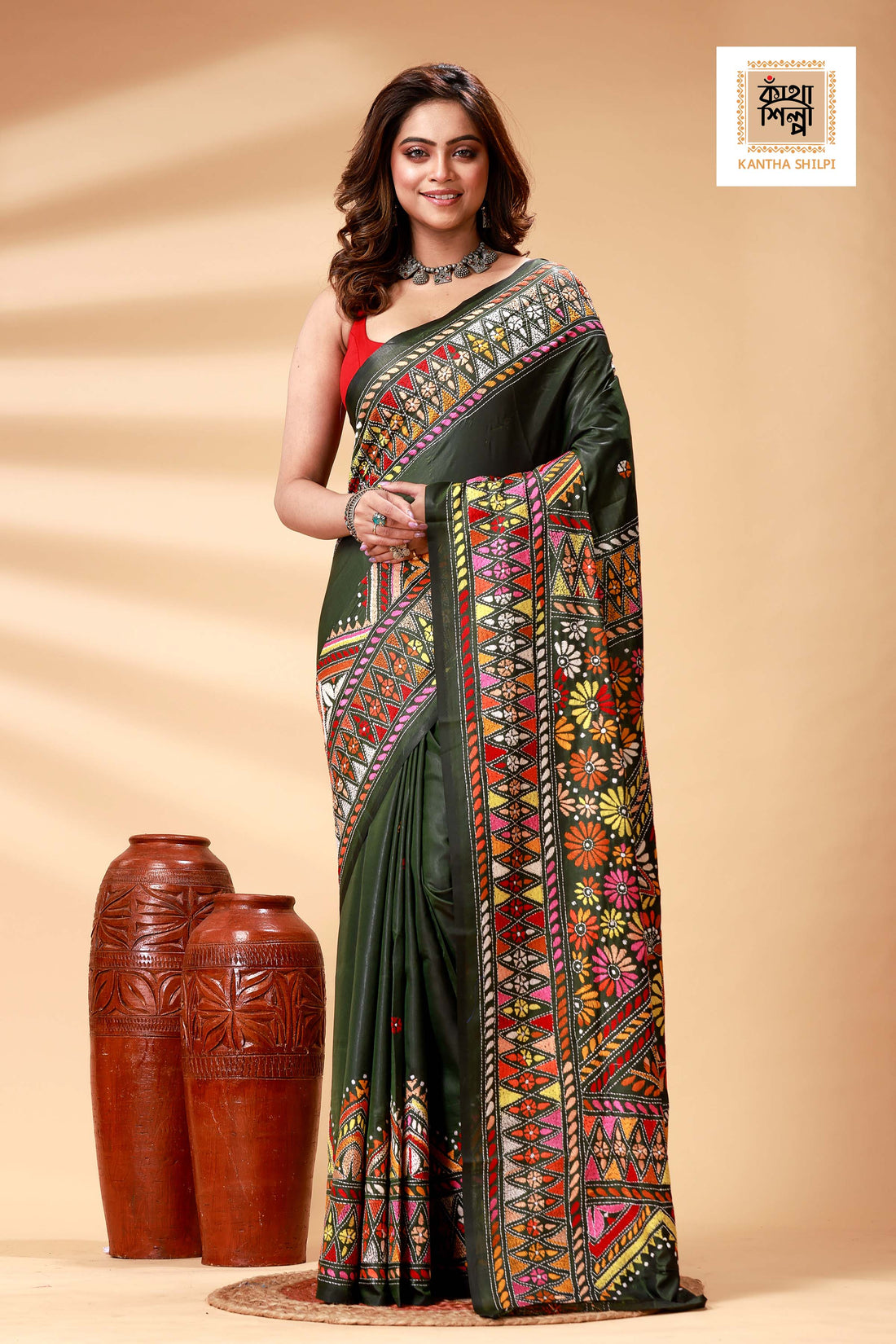 Dark Green Color Bangalore Silk Multicolor Thread Work Kantha Stitch Saree