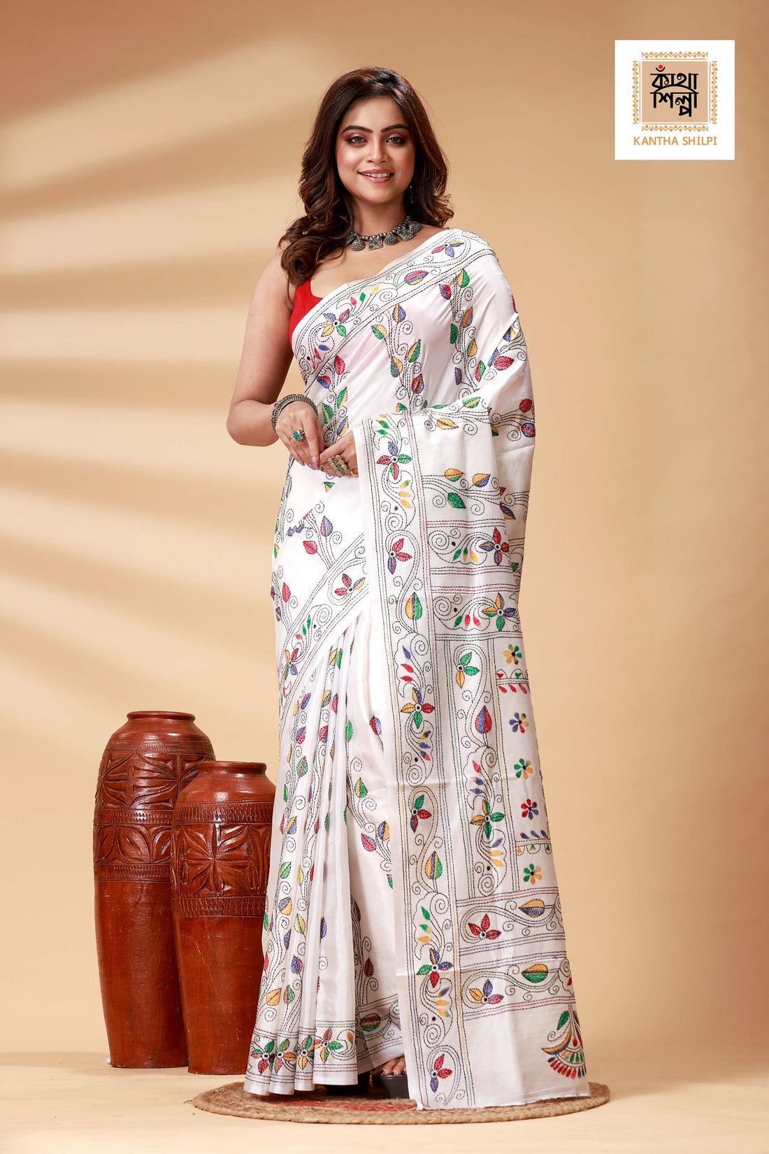 White Color Bangalore Silk Multicolor Thread Work Kantha Stitch Saree