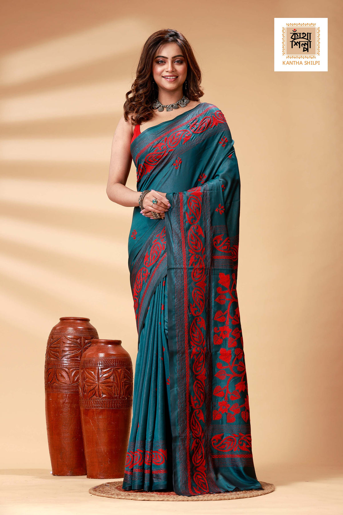 Green Color Bangalore Silk Red Color Thread Work Kantha Stitch Saree
