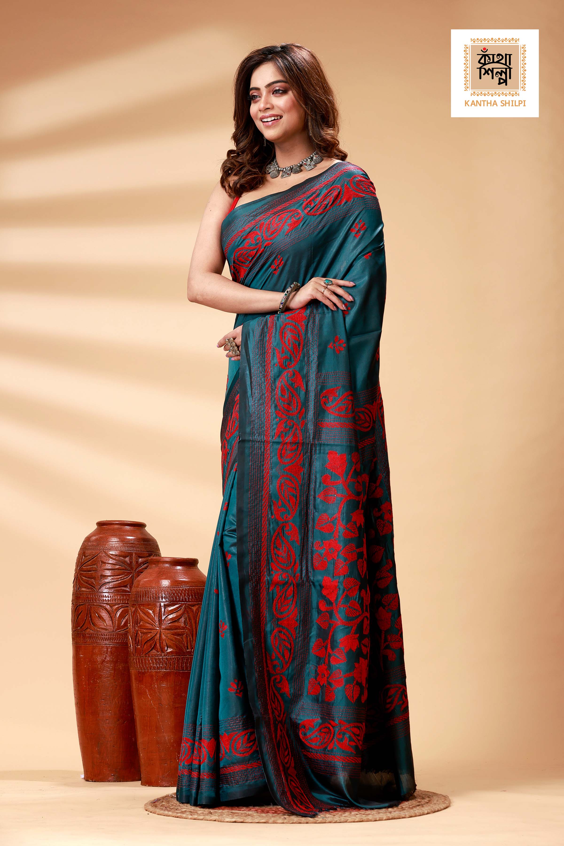 Green Color Bangalore Silk Red Color Thread Work Kantha Stitch Saree