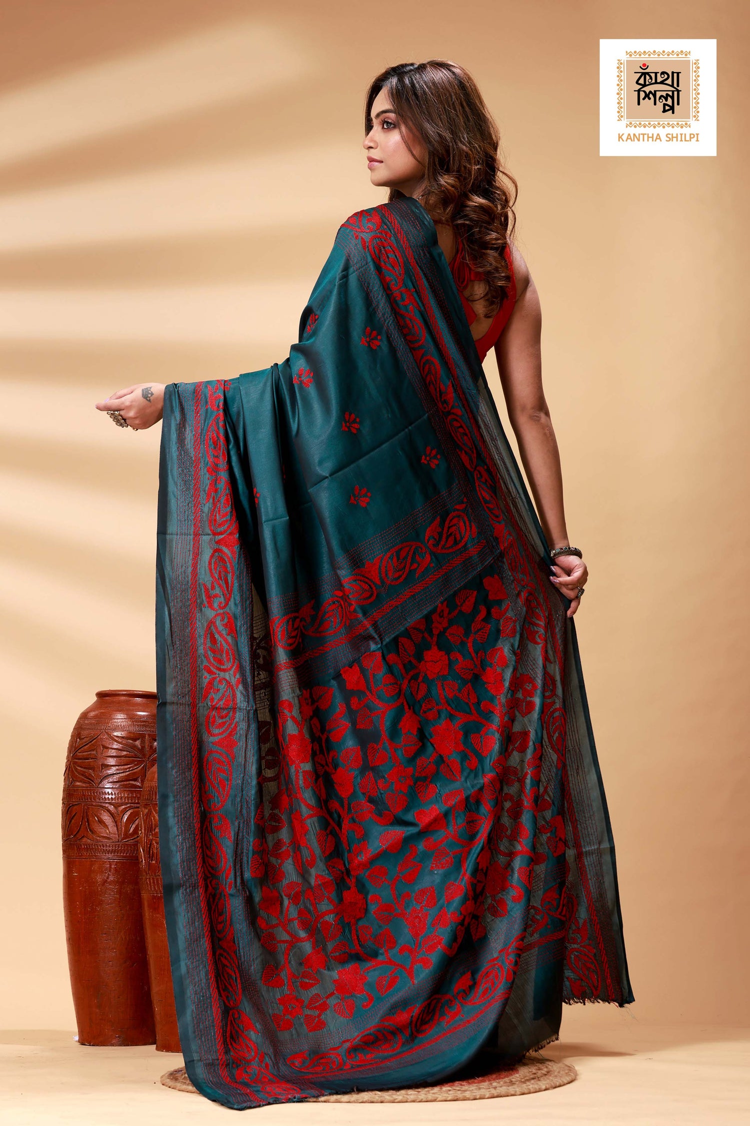 Green Color Bangalore Silk Red Color Thread Work Kantha Stitch Saree