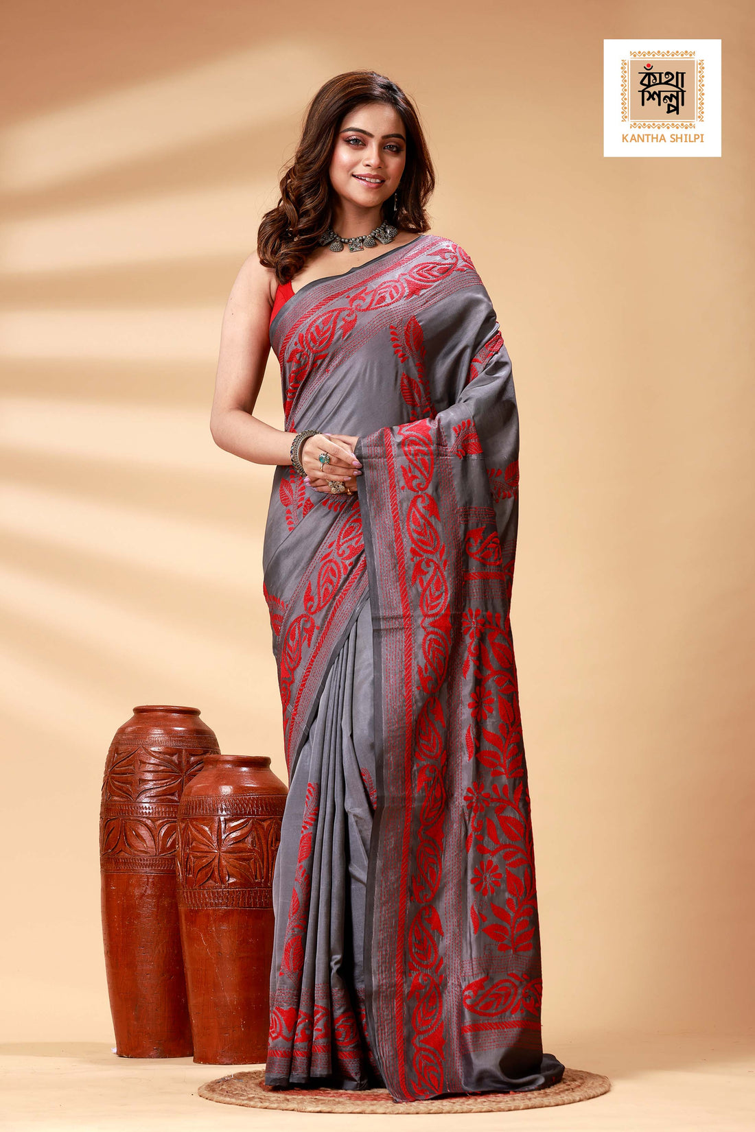 Gray Color Bangalore Silk Red Color Thread Work Kantha Stitch Saree