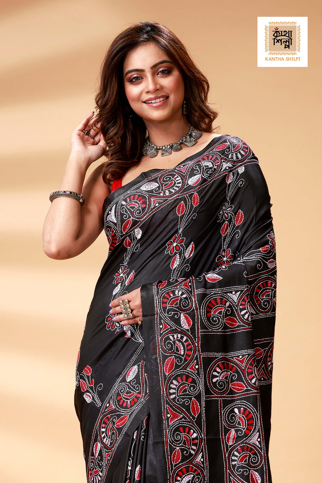 Black Color Bangalore Silk Red White color Thread Work Kantha Stitch Saree