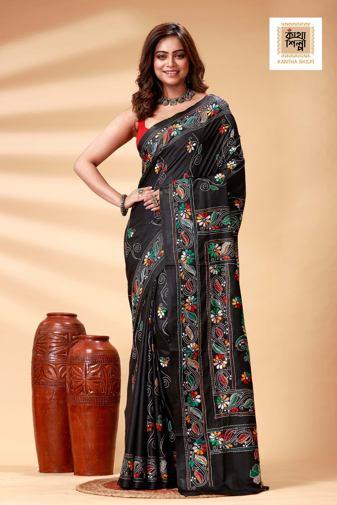 Black Color Bangalore Silk Multicolor Thread Work Kantha Stitch Saree