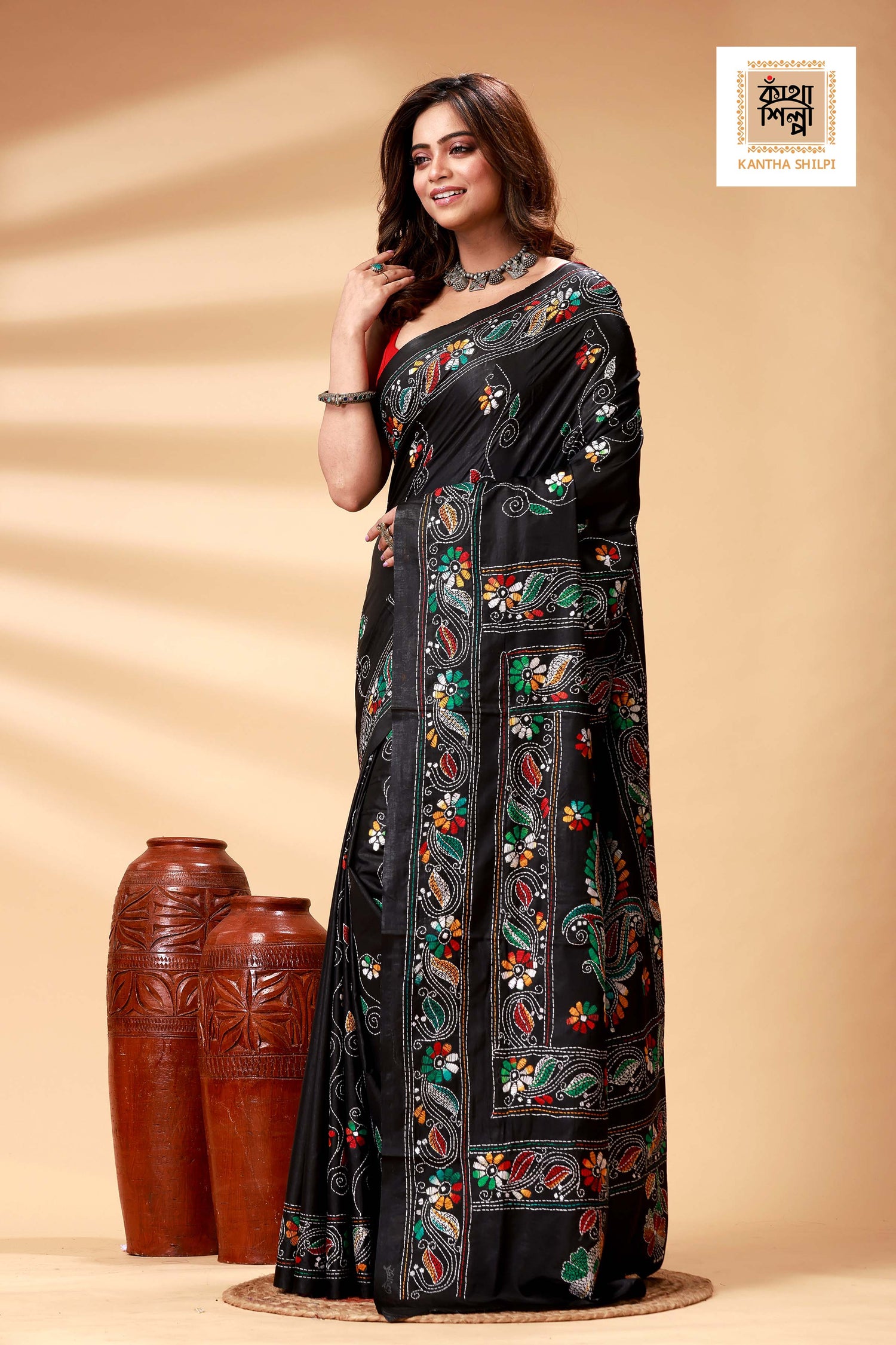 Black Color Bangalore Silk Multicolor Thread Work Kantha Stitch Saree