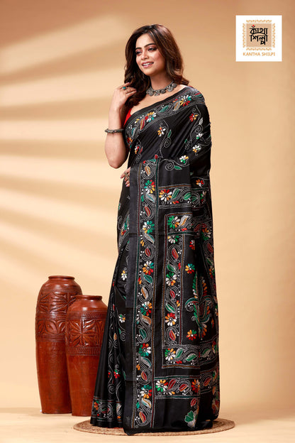 Black Color Bangalore Silk Multicolor Thread Work Kantha Stitch Saree