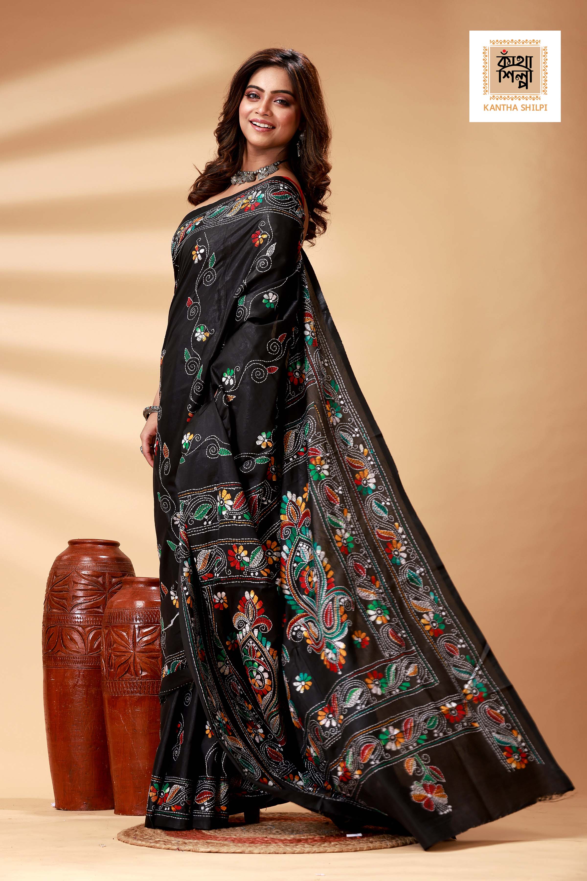 Black Color Bangalore Silk Multicolor Thread Work Kantha Stitch Saree