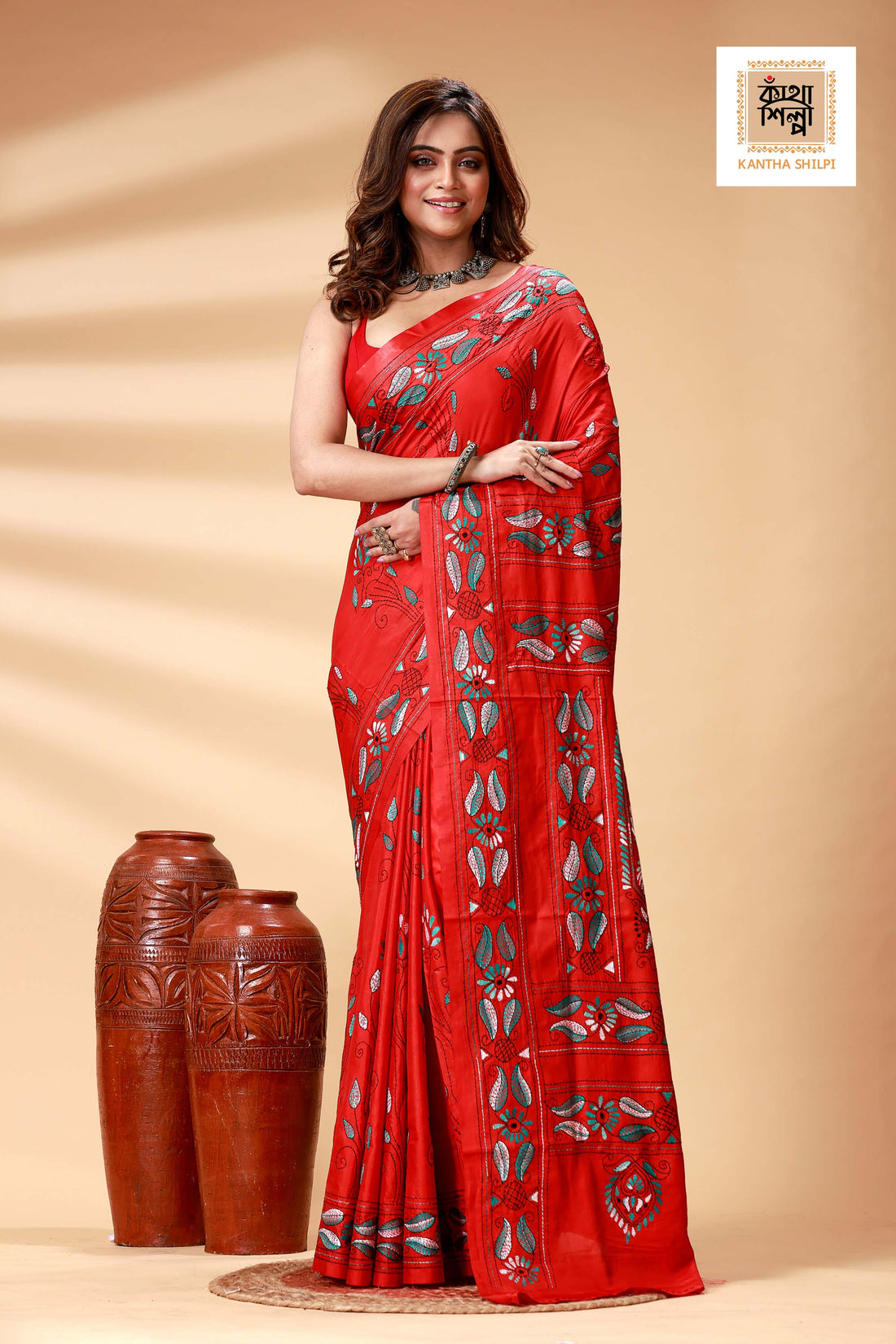 Red Color Bangalore Silk Multicolor Thread Work Kantha Stitch Saree