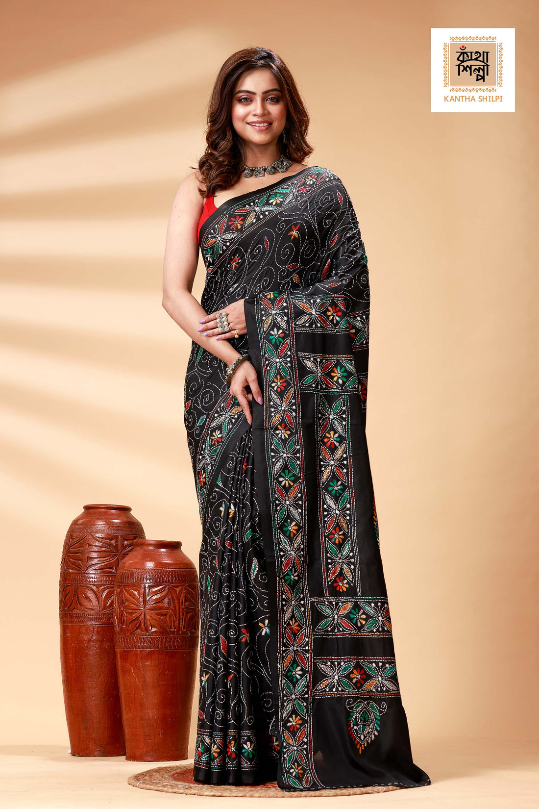 Black Color Bangalore Silk Multicolor Thread Work Kantha Stitch Saree