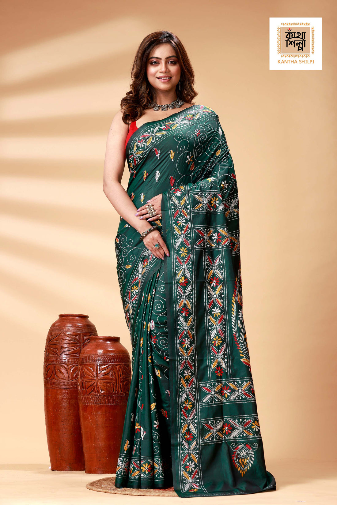 Green Color Bangalore Silk Multicolor Thread Work Kantha Stitch Saree