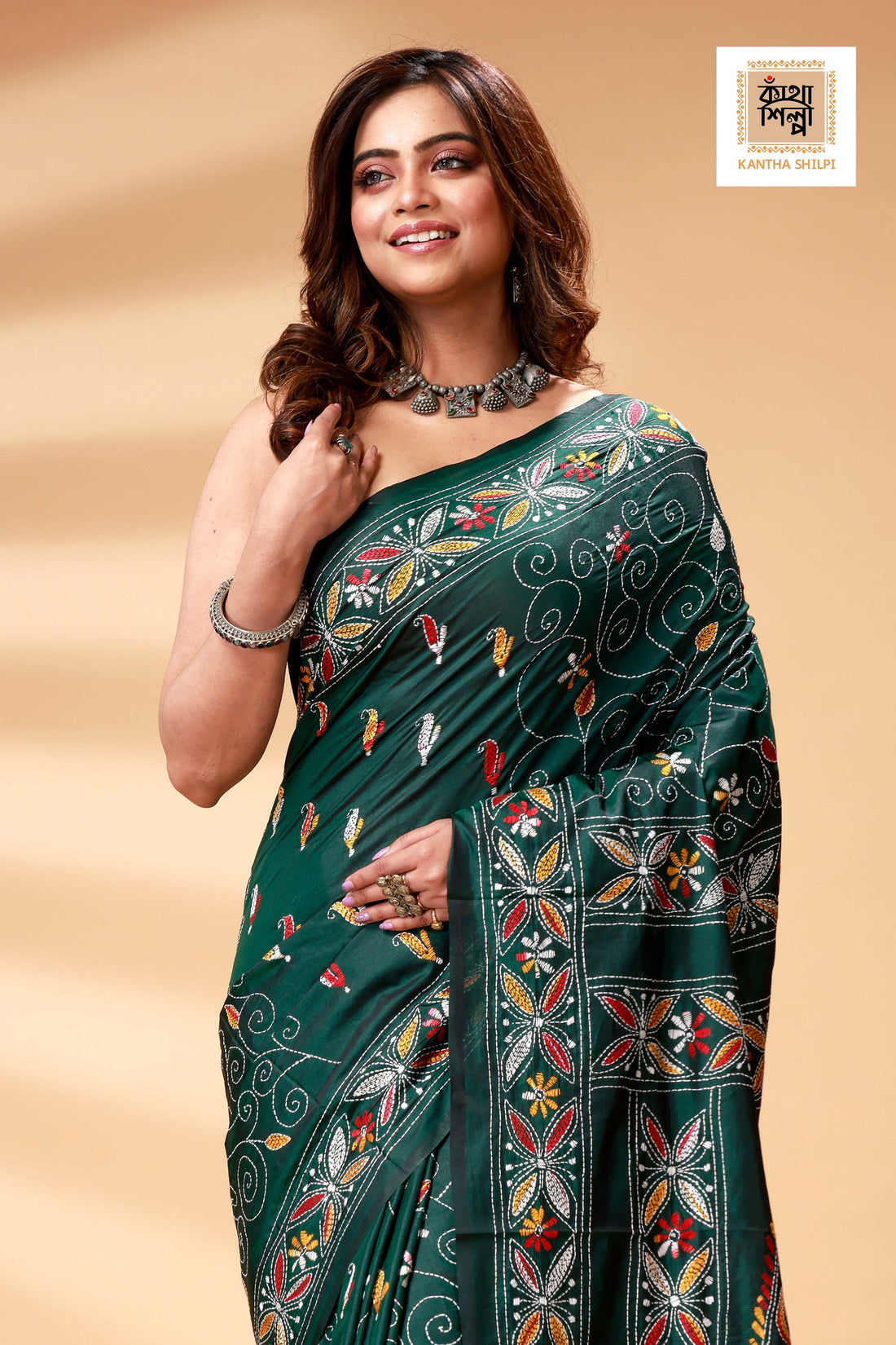 Green Color Bangalore Silk Multicolor Thread Work Kantha Stitch Saree