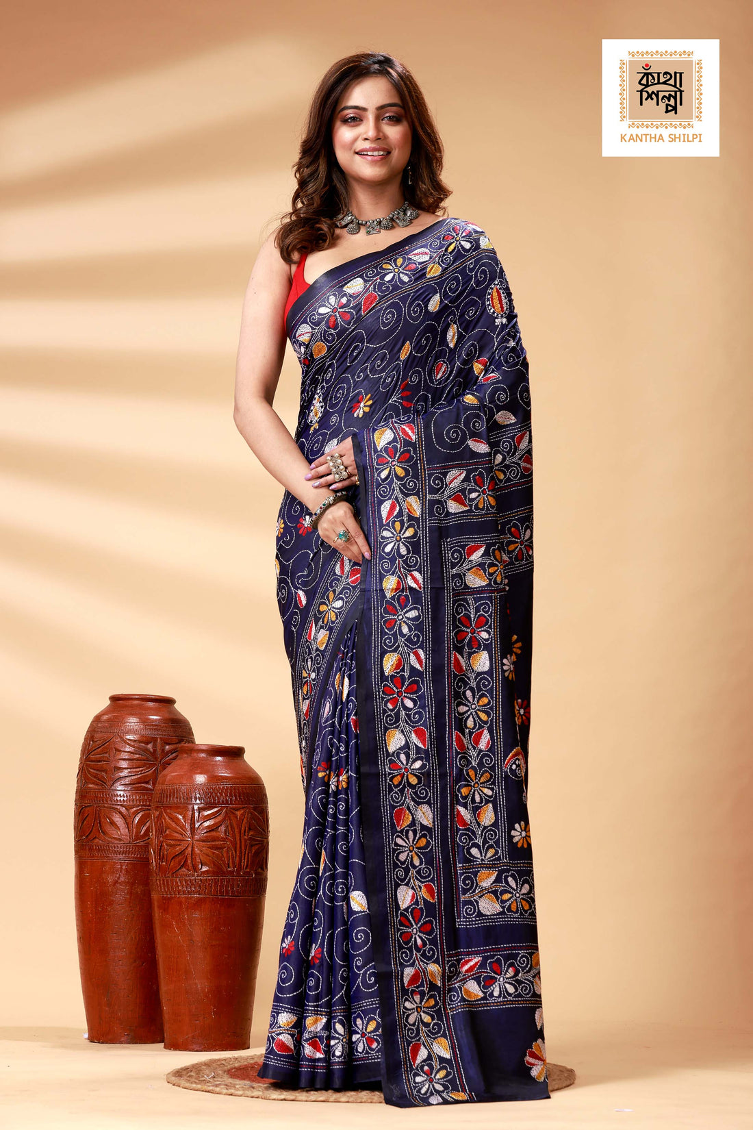 Blue Color Bangalore Silk Multicolor Thread Work Kantha Stitch Saree
