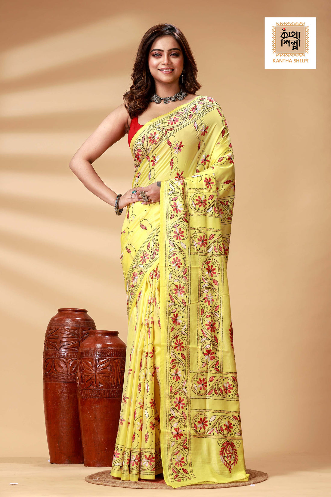 Yellow Color Bangalore Silk Multicolor Thread Work Kantha Stitch Saree