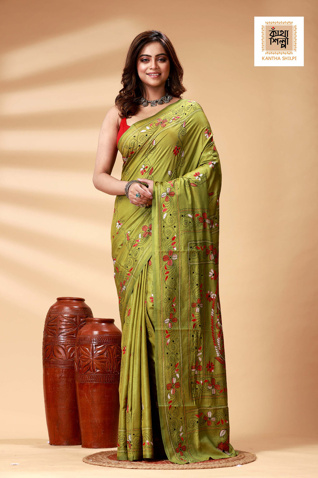 Olive Green Color Bangalore Silk Multicolor Thread Work Kantha Stitch Saree