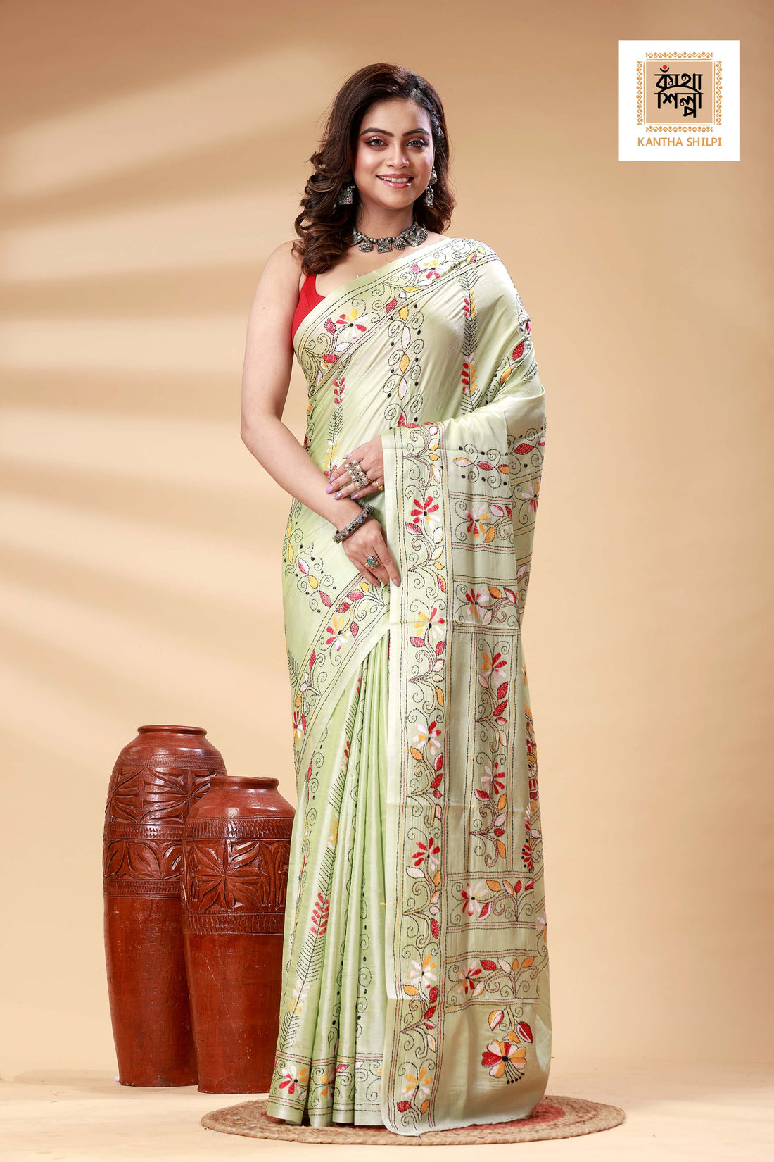Scotch Mist Color Bangalore Silk Multicolor Thread Work Kantha Stitch Saree