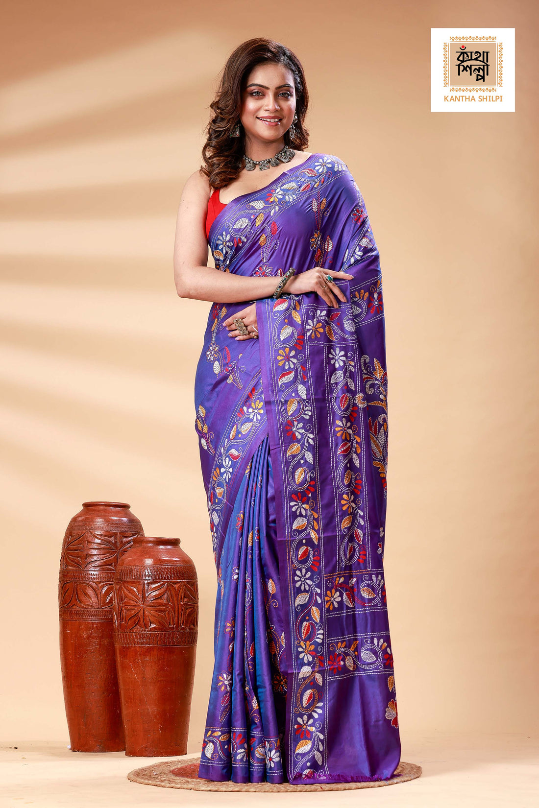 Purple Color Bangalore Silk Multicolor Thread Work Kantha Stitch Saree