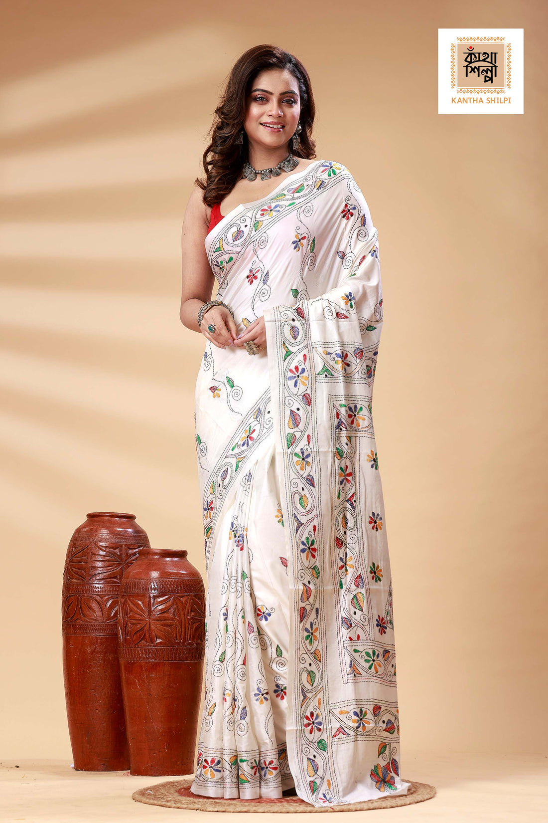 White Color Bangalore Silk Multicolor Thread Work Kantha Stitch Saree