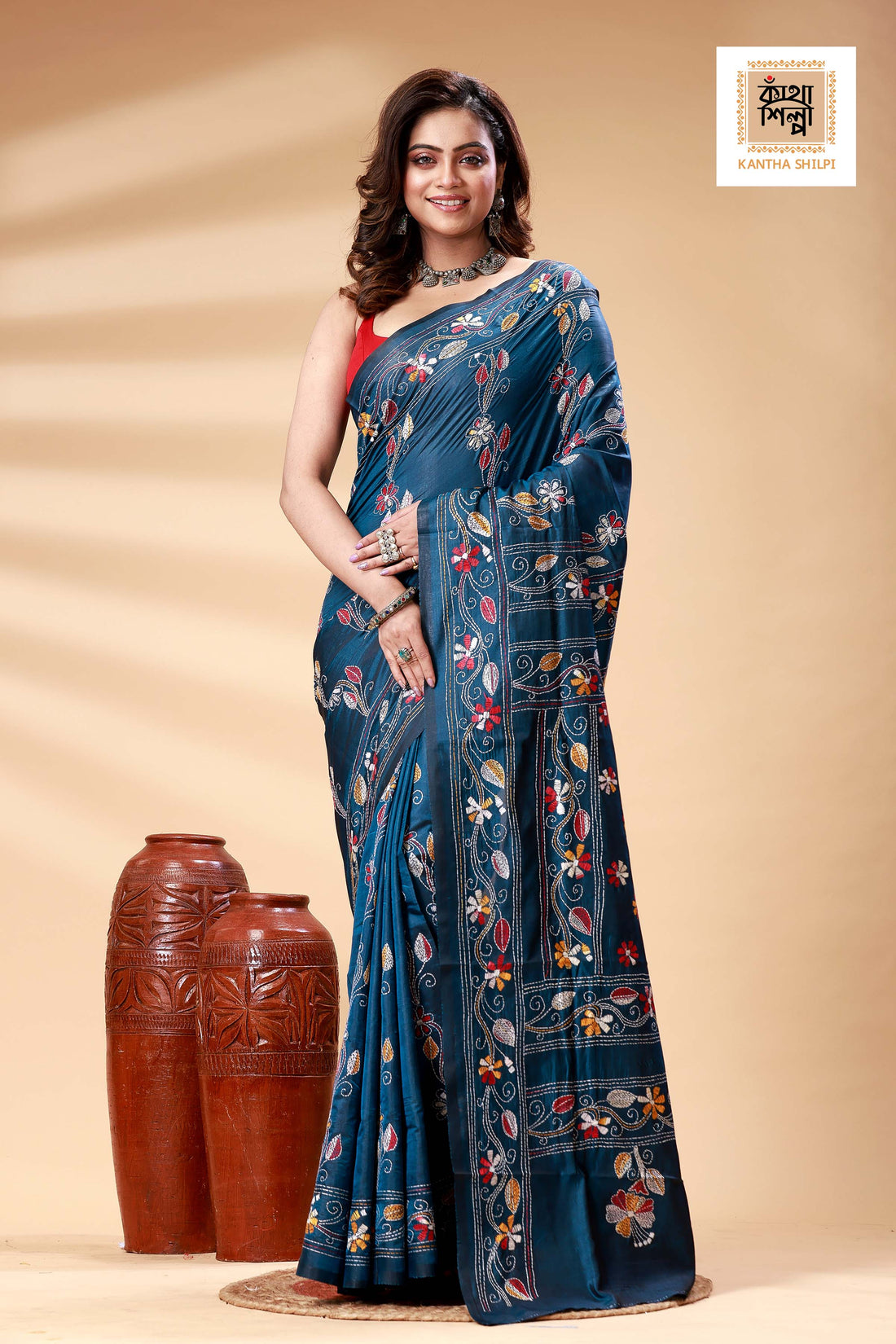 Nile Blue Color Bangalore Silk Multicolor Thread Work Kantha Stitch Saree