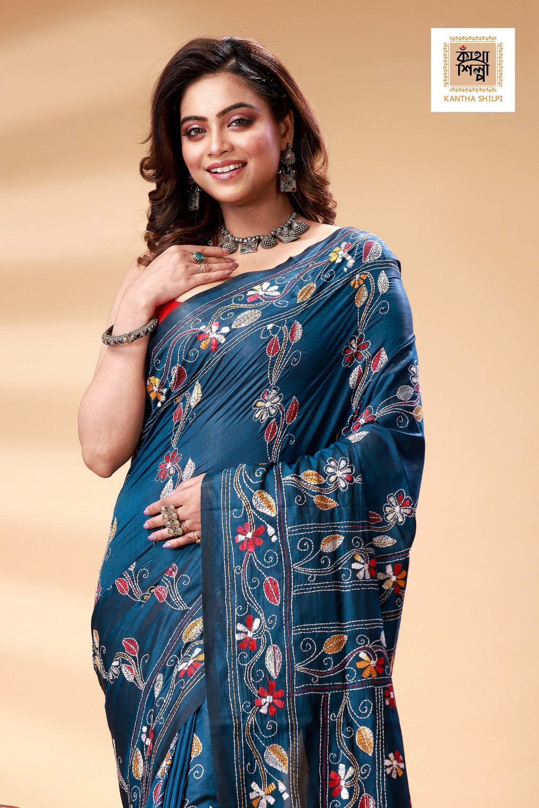 Nile Blue Color Bangalore Silk Multicolor Thread Work Kantha Stitch Saree